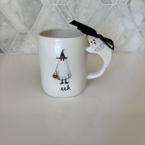 Rae Dunn Eek Ghost Mug with Hat and Pumpkin Basket New White - Picture 2 of 10